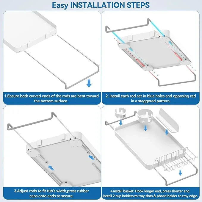 Bathtub Tray for Large Soaking Tub Table Tray Expandable Tub Shelf for Bathtub Caddy Bath Shelf Over Tub Luxury Bath Board Book Holder with Removable 2 Cup Holder Phone Metal Shower Caddy Basket White - ModernBath