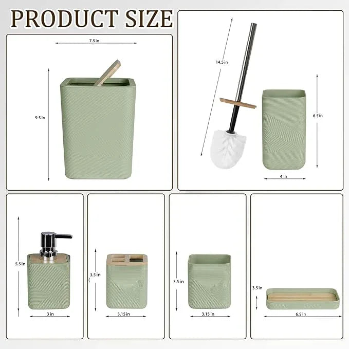 CERBIOR Bathroom Accessories Set 6 Piece Bamboo Bath Ensemble Includes Soap Dispenser, Toothbrush Holder, Toothbrush Cup, Soap Dish for Decorative Countertop and Housewarming Gift (Green) - ModernBath