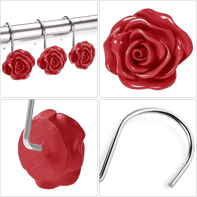 Litabel Rose Flower Shower Curtain Hooks 12PCS, Home Decorative Red Rose Shower Curtain Hooks Metal Rustproof Cute Rose Flower Shower Hooks Rings Bathroom Shower Rods Decoration Accessories - ModernBath