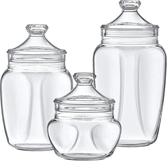 Amazing Abby - Embrace - Plastic Bathroom Canisters (3-Piece Set, 60/42/24 oz) (NOT Glass), Acrylic Apothecary Jars for Vanity, BPA-Free and Shatter-Proof, Great for Cotton Balls and Bath Sponges - ModernBath