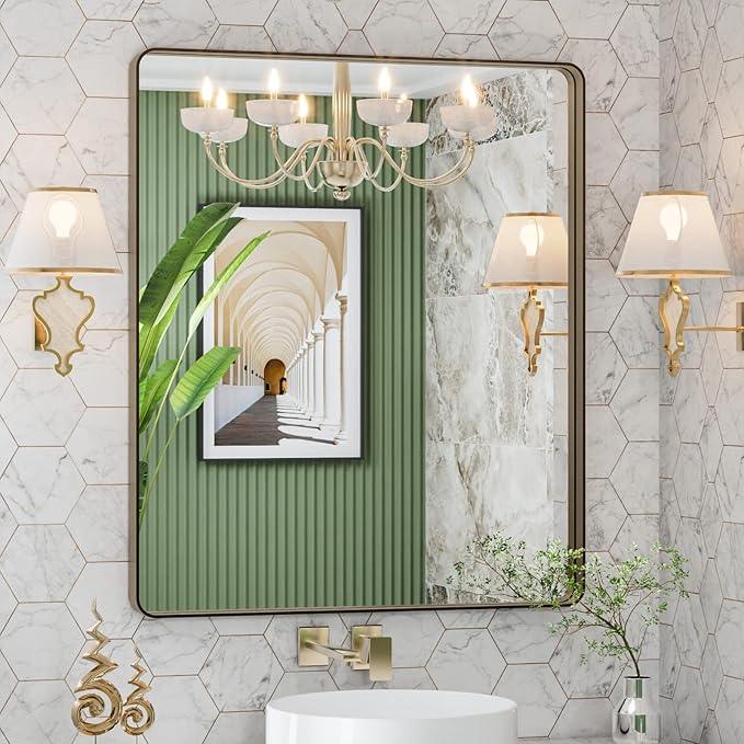 LOAAO 30”X36” Bronze Bathroom Mirrors for Vanity, Rounded Rectangle Brushed Bronze Metal Frame Mirror, Anti-Rust, Tempered Glass, Hangs Horizontally or Vertically - ModernBath