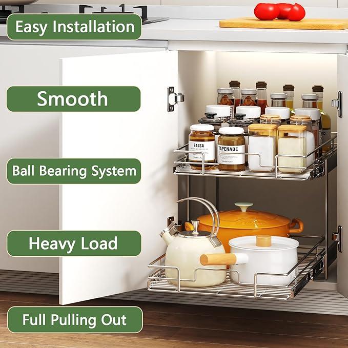 2 Tier Individual Pull Out Cabinet Organizer 19½" W x 21½" D, Heavy Duty Cabinet Pull Out Shelves, Slide Out Drawers Organization for Kitchen Cabinets Bathroom - ModernBath