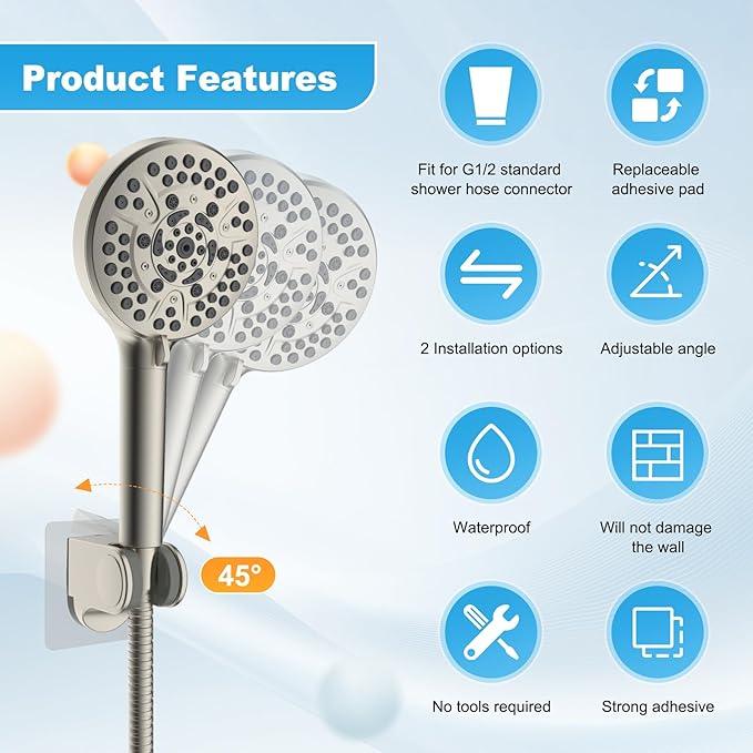 Hibbent Showerhead Holder, Strong Adhesive and Waterproof Handheld Shower Holder & Bracket, Height Adjustable Shower Wand Holder, Wall Mount, No Drilling, Brushed Nickle - ModernBath