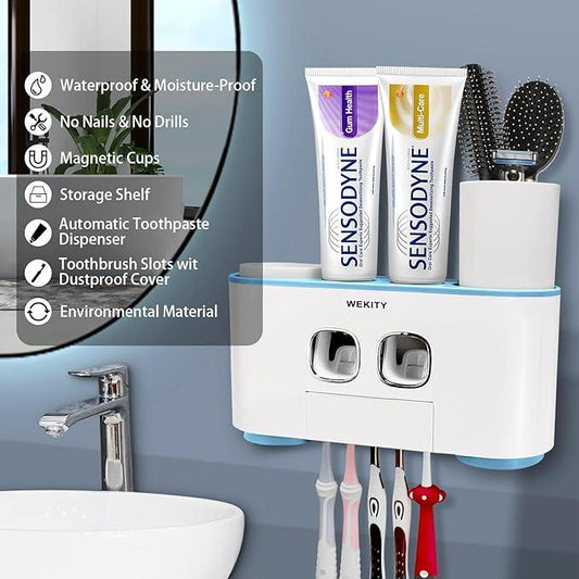 Toothbrush Holder Wall Mounted, WEKITY Multi-Functional Toothbrush and Toothpaste Dispenser for Bathroom, with 5 Toothbrush Slots, 2 Toothpaste Squeezers and 4 Cups(Blue) - ModernBath