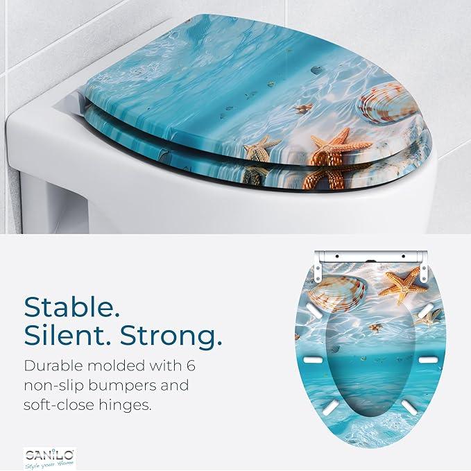 Sanilo Wooden Toilet Seat with Quick Release & Soft Close [ELONGATED] - Decorative & Slow Close Molded Wood Seat - With One Click for Easy Installation & Cleaning - With Adjustable Fit (Waterworld) - ModernBath