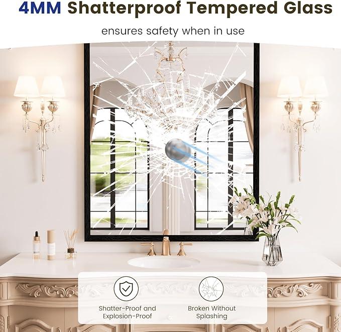 WEER Black Framed Mirror, 28X36 Inch Matte Black Wall Mirror for Bathroom, Rectangular Black Bathroom Vanity Mirror, Tempered Glass, Anti-Rust, Hangs Horizontal or Vertical - ModernBath