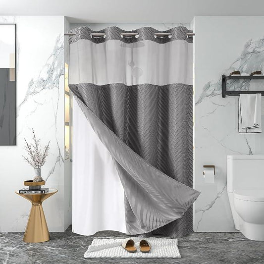 eachope stall no Hook Tufted Shower Curtain with snap in Liner Set, White Waterproof Fabric Inner Liner,Boho Style Shower Curtain with See Through top Window, WarmGrey, 54Wx80H - ModernBath