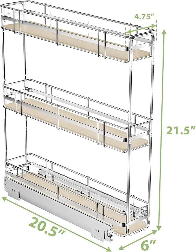 ROOMTEC 3-Tier Pull Out Cabinet Organizer Spice Rack for Narrow Cabinet 6" W x 20½" D, Slide Out Wood Shelves Storage for Kitchen - ModernBath