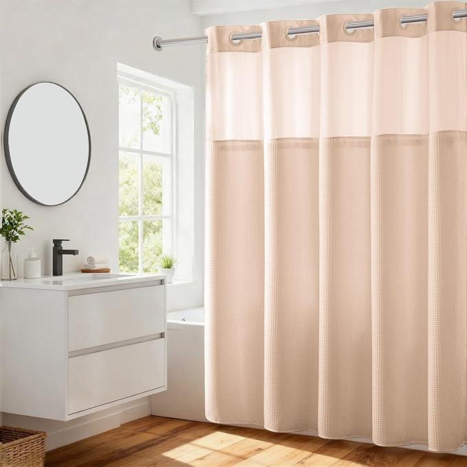River Dream Heavyweight No Hooks Required Dotted Waffle Weave Shower Curtain with Snap in Liner - 71W x 74H,Hotel Grade,Spa Like Bath Curtain,Pink - ModernBath