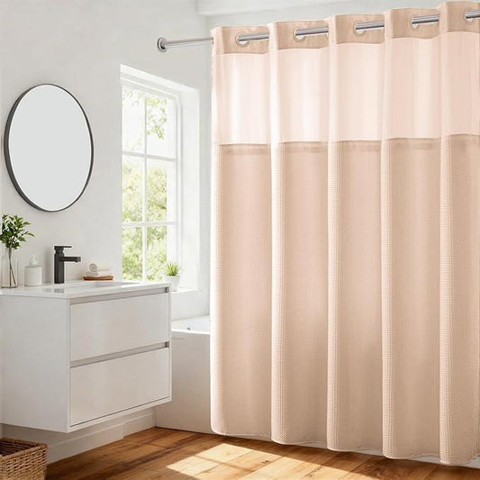 River Dream Heavyweight No Hooks Required Dotted Waffle Weave Shower Curtain with Snap in Liner - 71W x 74H,Hotel Grade,Spa Like Bath Curtain,Pink - ModernBath