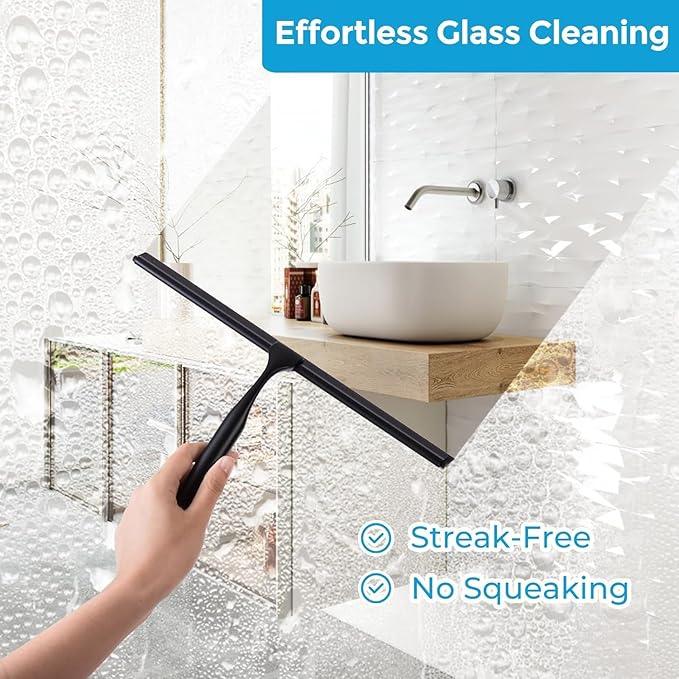 Quntis 12 Inch Squeegee for Shower Glass, Black Shower Squeegee with Adhesive Hooks Heavy Duty, Non-Slip Long Handle, Spare Blade, All-Purpose Squeegee Cleaning for Bathroom Doors Car Window - ModernBath