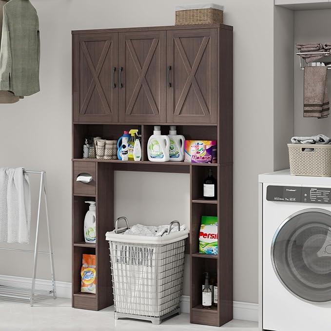 Over The Toilet Storage Cabinet, Farmhouse Toilet Cabinet Rack with 3 Barn Doors, Space Saving Bathroom Organizer with Shelves, Toilet Paper Holder and Towel Rack for Bathroom,Restroom, Espresso - ModernBath