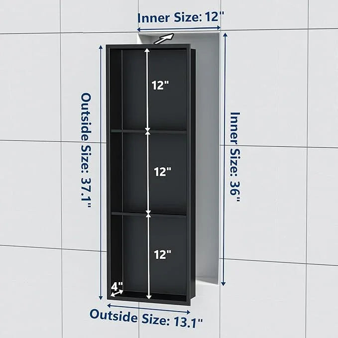 Qeke Stainless Steel Shower Niche 12" X 36", No Tile Needed Wall Niche Three-Tier, Recessed Shower Shelf for Bathroom Storage, Matte Black - ModernBath