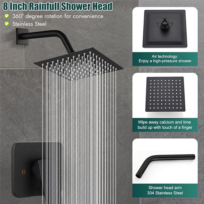 Heyalan 8 Inch Shower Head and Handle Set Square Shower Faucet Set Bathroom Rainfall Shower Faucet Set Stainless Steel Showerhead Single Function Shower Trim Kit,Male Thread Valve,Matte Black - ModernBath