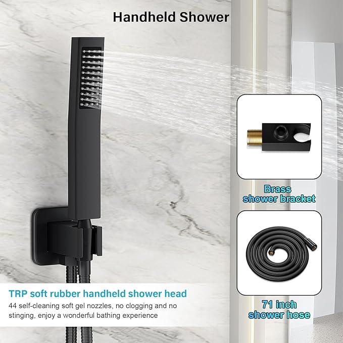 FPXRNG Black Shower Faucet Set, Rainfall Shower System with Square Shower Head and Handle Set, Wall Mounted Shower Fixtures, Full Metal Trim Repair Kit 8 inch Matte Black (With Shower Valve) - ModernBath