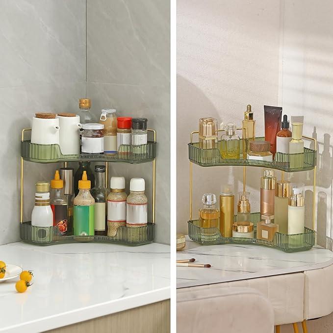 INVSSENE Corner Bathroom Countertop Organizer, Vanity Trays for Counter, Makeup Organizers, Perfume Tray, Kitchen Spice Rack, (Green, 2 Tiers) - ModernBath