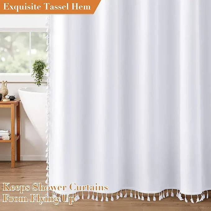 Nanspring Extra Long White Boho Linen Shower Curtain 96 Inches Tassel Neutral Textured Cloth Shower Curtain Set with Hooks Rustic Elegant Shower Curtain for Bathroom Water Repellent 72x96, White - ModernBath