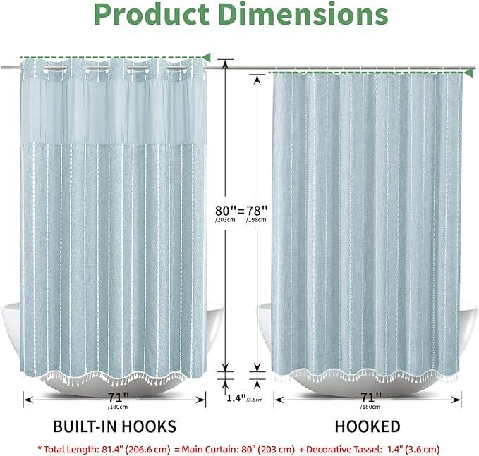 eachope No Hook Long Shower Curtain Set with Snap-in Fabric Liner,Linen Textured Thick Striped Fabric with Tassels,Boho Farmhouse Rustic Luxury Bathroom Curtain,Water-Repellent,Fog Blue,71x80 - ModernBath