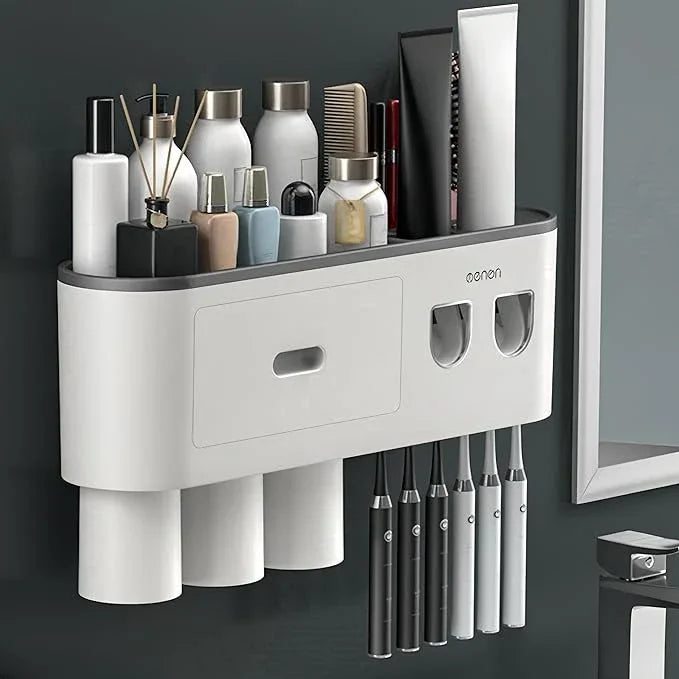 Celsitudo No-Drill Wall Mounted Toothbrush Holder, Bathroom Shelf, with Automatic Toothpaste Dispensers 6 Brush Hooks Magnetic Cups 1 Cosmetic Drawer Organizer and Large Storage (2 Dispensers 3 Cups) - ModernBath