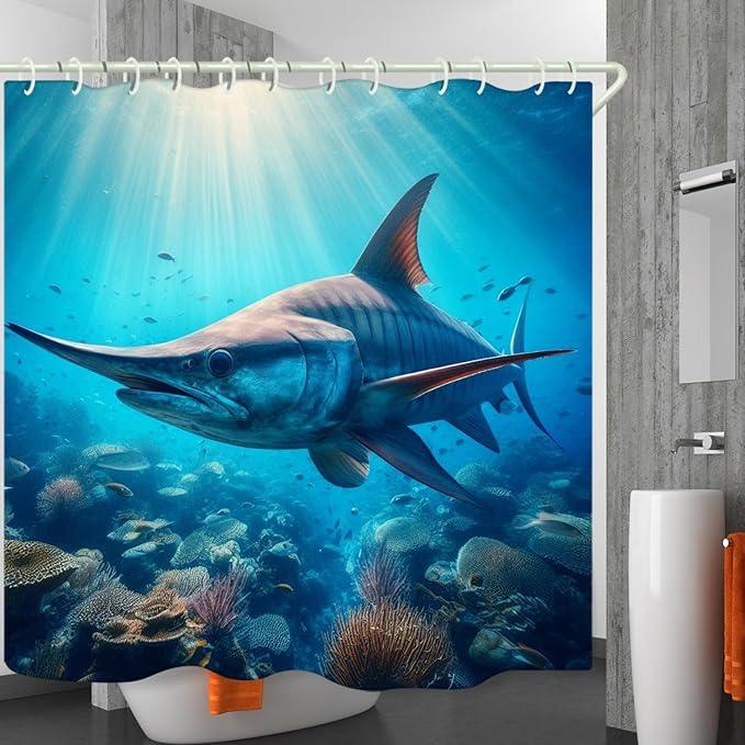 LYFANS Bathroom Using Undersea Swordfish 3D Shower Curtains, Luxury Bathtub Standard Shower Curtain, Waterproof and Bright Fabric Shower Curtain, Size (72x72 Inches) - ModernBath