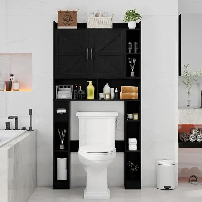 Vabches Over The Toilet Cabinet, Double Doors Bathroom Shelf Organizer with Toilet Paper Holder Stand and Open Storage Shelf, Small Freestanding Space Saver for Restroom, Bathroom, Laundry, Black - ModernBath