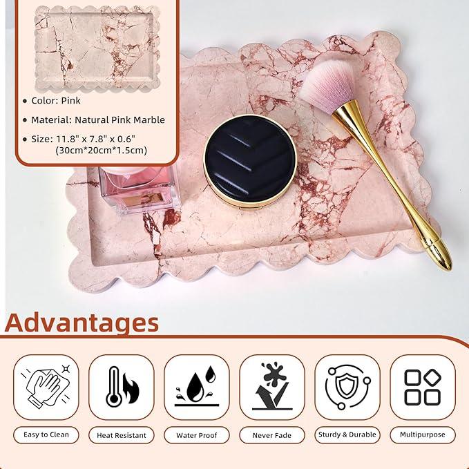 Yew & Tulip Natural Marble Vanity Tray with Scalloped Rim, Nature Rose Pink Luxury Stone Serving Tray for Bathroom, Kitchen, Vanity, Home Decor, Wedding etc. (12"x 8" x 0.6") - ModernBath