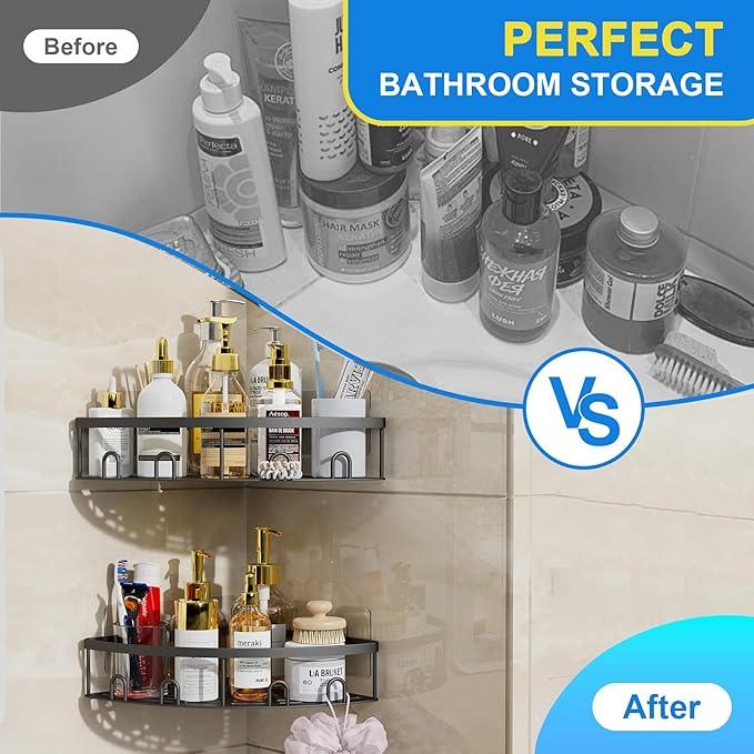Corner Shower Caddy, 2 Pack Adhesive Bathroom Shower Corner Organizer Shelf, No Drilling Rustproof Wall Mounted Shower Storage Rack Shampoo Holder Organizer (Black) - ModernBath
