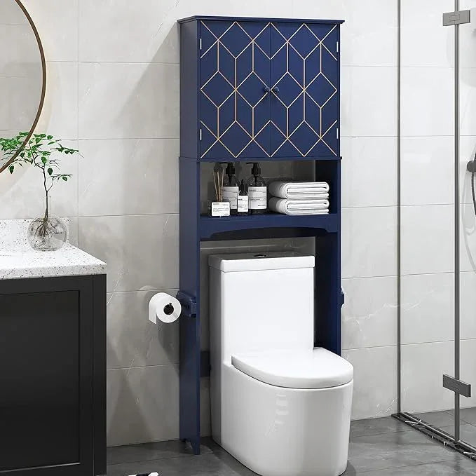 Over The Toilet Storage Cabinet with Gold Trim, Modern Bathroom Organizer Over Toilet with Adjustable Shelves and Toilet Paper Holder for Bathroom (Blue) - ModernBath