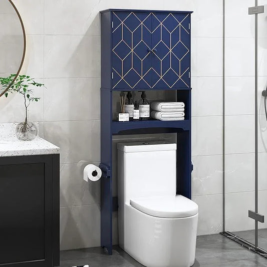 Over The Toilet Storage Cabinet with Gold Trim, Modern Bathroom Organizer Over Toilet with Adjustable Shelves and Toilet Paper Holder for Bathroom (Blue) - ModernBath
