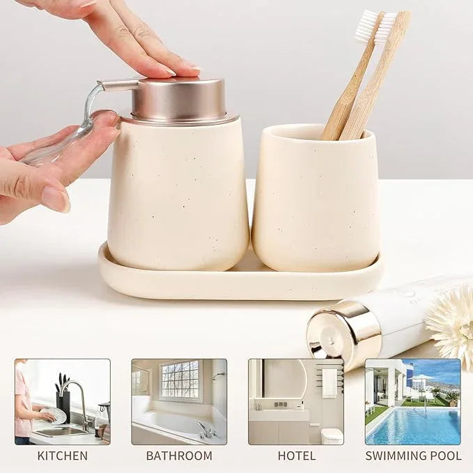 BosilunLife Bathroom Accessory Set - 3 pcs Ceramic Bathroom Soap Dispenser Set Farmhouse Bathroom Counter Decor Set Accessories, Soap Dispenser and Toothbrush Holder with Tray - ModernBath