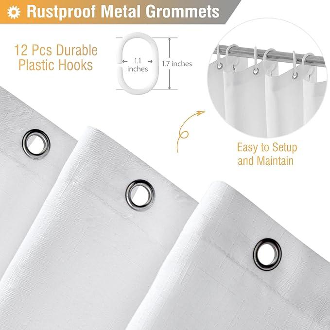 BTTN White Fabric Shower Curtain - Linen Textured Heavy Duty Waterproof Cloth Shower Curtain Set with 12 Plastic Hooks, Hotel Luxury Weighted Polyester Decorative Bath Curtains for Bathroom - 72"x72" - ModernBath