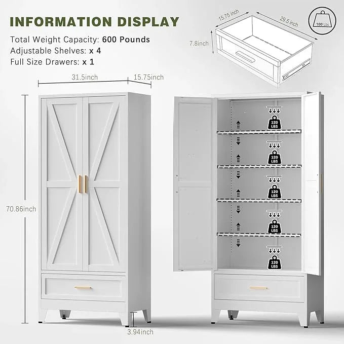 COFaR Metal Storage Cabinet, Farmhouse Storage Cabinet with 2 Doors and 4 Adjustable Shelves - 71" White Kitchen Pantry Storage 5-Tier Tall Steel Cabinets Locker for Kitchen, Living Room, Dining Room - ModernBath