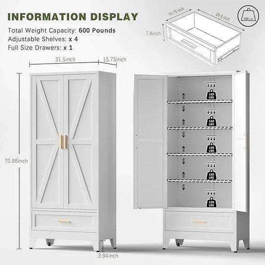 COFaR Metal Storage Cabinet, Farmhouse Storage Cabinet with 2 Doors and 4 Adjustable Shelves - 71" White Kitchen Pantry Storage 5-Tier Tall Steel Cabinets Locker for Kitchen, Living Room, Dining Room - ModernBath