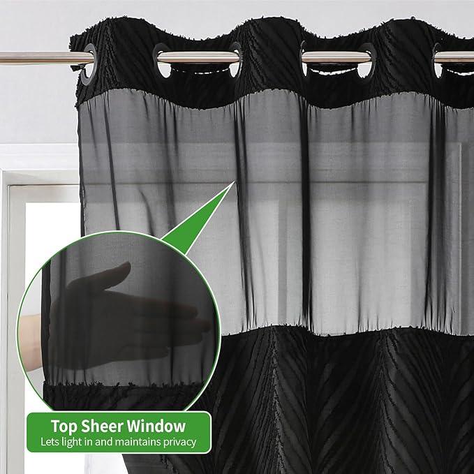 eachope no Hook Shower Curtain and Liner Set，Boho Style with See Through Top Window, Black Fabric Tufted Striped Textured Outer Curtain & Waterproof Inner Liner, DarkBlack, 71Wx98H - ModernBath