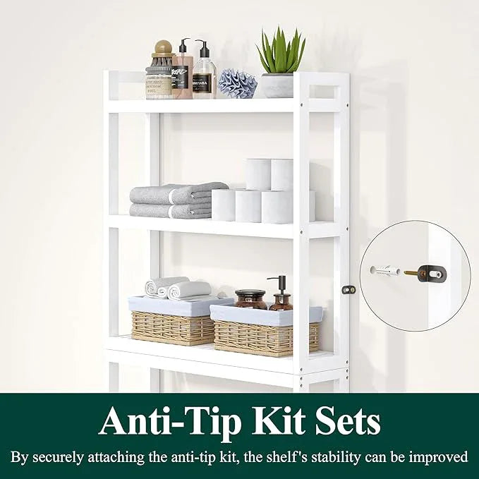 Smiry Over The Toilet Storage Cabinet, 3-Tier Bamboo Bathroom Organizers with Adjustable Shelf & 4 Hooks, Space Saving Shelf Rack for Bathrooms, Laundry Room, Balcony, White - ModernBath