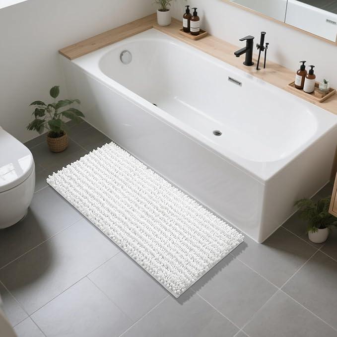 Yimobra Long Bathroom Rugs Non Slip Washable 44x24 Inch - Ultra Soft Absorbent Chenille Bath Mat, Quick Dry Shaggy Floor Carpet for Tub Shower, White Home Decor Accessories - ModernBath