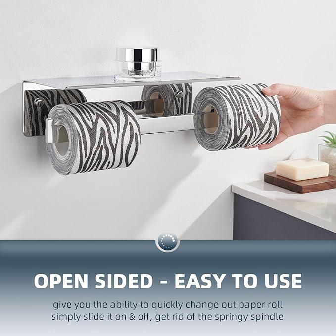 Angle Simple Double Toilet Paper Holder with Shelf Polished Chrome, 304 Stainless Steel Toilet Tissue Roll Holder Wall Mount - ModernBath