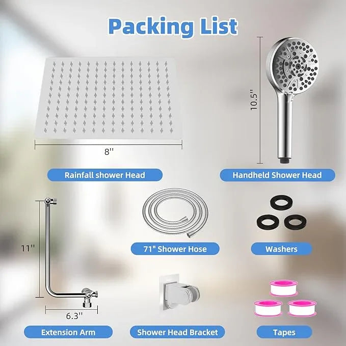 All Metal Shower Head, 8" High Pressure Rainfall/Handheld Shower Combo with 11" Extension Arm, 10-Spray Handheld Showerhead, 71" Long Hose, 3-Way Diverter Valve, Chrome - ModernBath