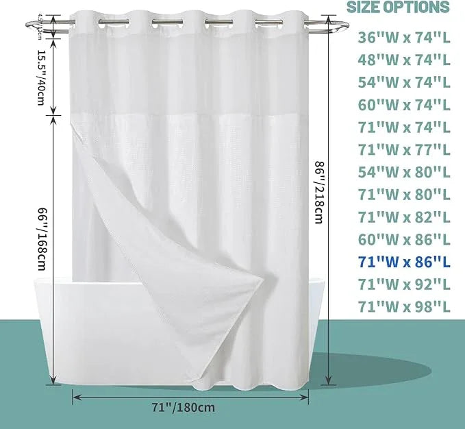 eachope White Extra Long No Hook Waffle Weave Shower Curtain with snap-in Liner Replacement, 230GSM Waterproof Fabric Hotel Shower Curtain Set for Bathroom, Through Mesh Top Window,71Wx86H - ModernBath