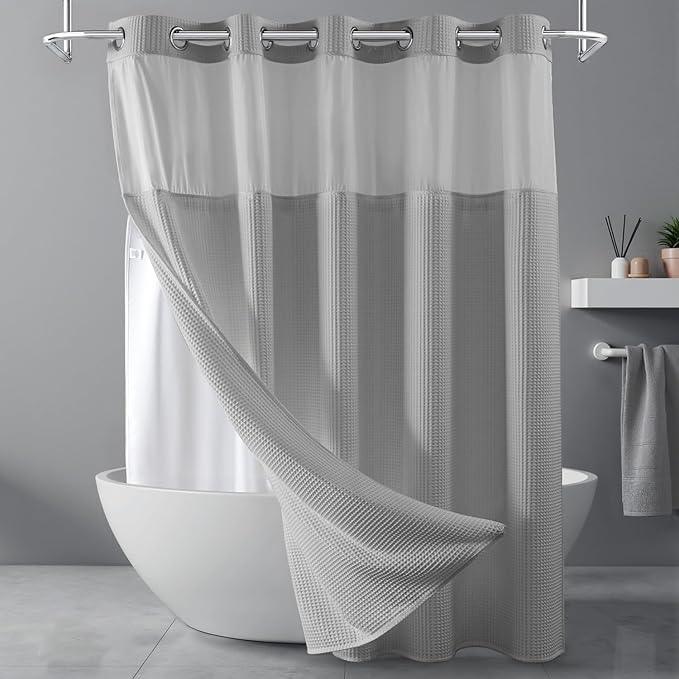 River Dream Gray Fabric Shower Curtain Set, Cotton Blend, Waffle Weave, with Snap in Replacement Liner，71 x 74 inches - ModernBath