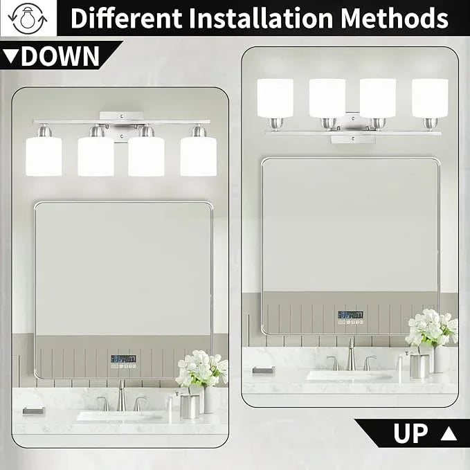 4 Light Bathroom Light Fixtures, Brushed Nickel Vanity Lights for Bathroom with Milky White Frosted Glass Shade, Wall Lights for Mirror Bedroom Living Room E26 Base - ModernBath
