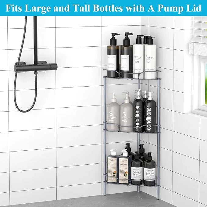 3 Tier Floor Standing Corner Shower Caddy Organizer Shelf with Hooks, Bathroom Shelves Stand Rack, Dark Gray - ModernBath