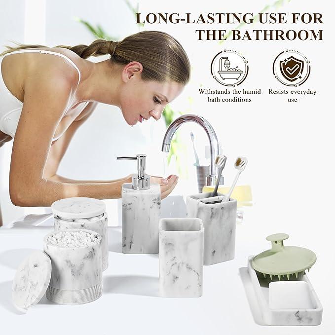 YMXYJM Bathroom Accessories Set, 6 Piece Bathroom Set with Toothbrush Holders, Soap Dispenser, Vanity Tray, Tumbler, Cotton Swab Jars, Bathroom Organizer，Bathroom Sink Sets, Artificial Marble White - ModernBath