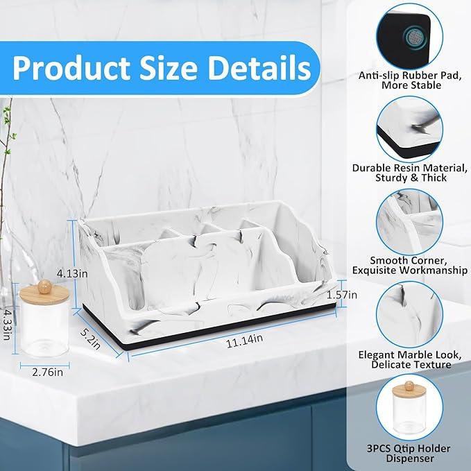 Marble Toothbrush Holder for Bathroom Organizer Countertop, Toothbrush Organizer with 3PCS Qtip Holder Dispenser, Toothbrush and Toothpaste Holder for Bathroom Counter Organization Storage Vanity - ModernBath