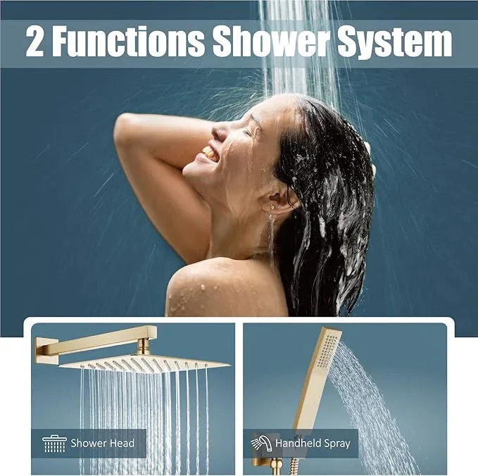 Aolemi Shower Faucet Set Rain Shower System with Handheld Spray Bathroom Shower Combo Rough-in Valve and Shower Trim Kit Included Brushed Gold 12 Inch Wall Mount Shower Head - ModernBath