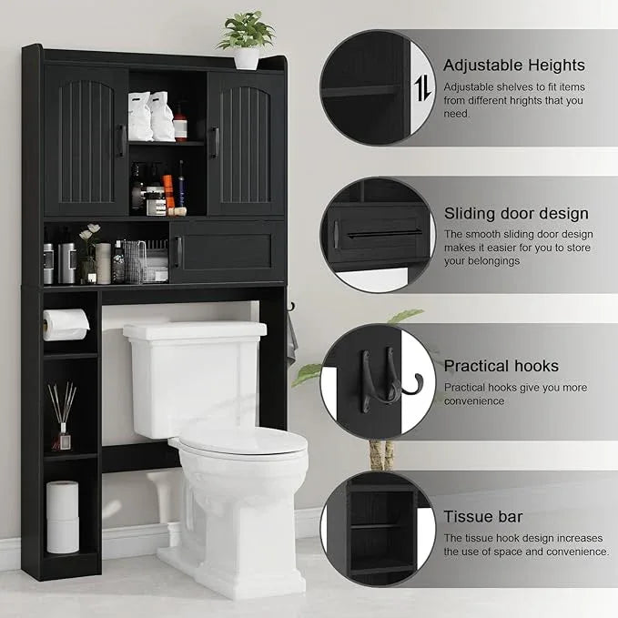 Vabches Farmhouse Over The Toilet Storage Cabinet with 2 Barn Doors & Sliding Door, Over The Toilet Bathroom Organizer with Open Storage Layer and Adjustable Shelves & Hooks.Black - ModernBath