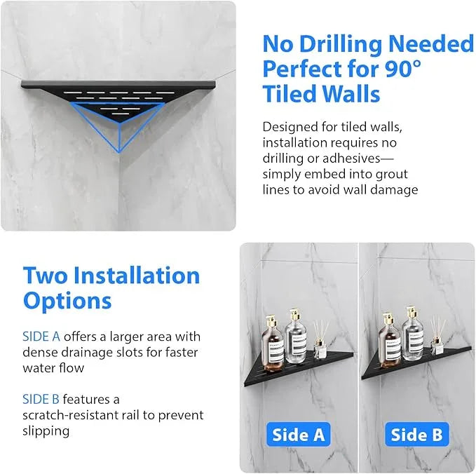 POPFLY 10 Inch Corner Shower Shelf 2 Pack, 304 Stainless Steel Matte Black, No Drilling Recessed Bathroom Shelves for Tiled Wall, Heavy Duty Floating Shower Organizer with Slot Design, PF7501B - ModernBath
