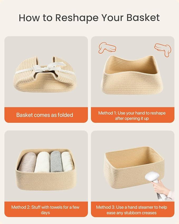 Small Woven Basket, 12 x 8 x 4.5 Inches, Storage Basket for Organizing, Cute Small Rope Shelf Closet Cube Storage Bins Baskets for Shelves, Dog Toy Gift Baskets Empty, 3 Packs, Beige - ModernBath