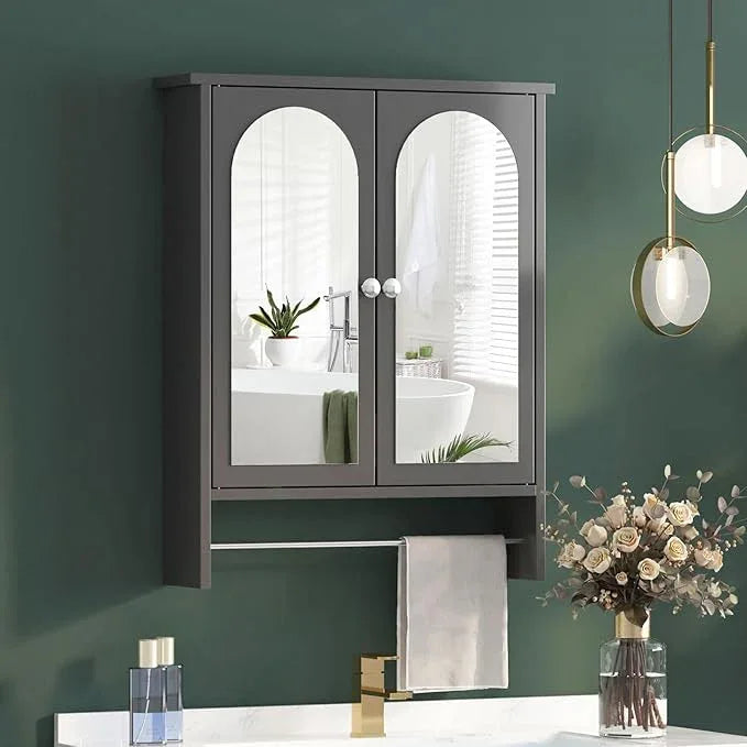Bathroom Medicine Cabinet Mirror,Arched Bathroom Cabinet with Mirror,Surface Mount Medicine Cabinet Wall Mounted,Mirrored Medicine Cabinets with Towel Bar,Black Wall Cabinet 22x28 - ModernBath