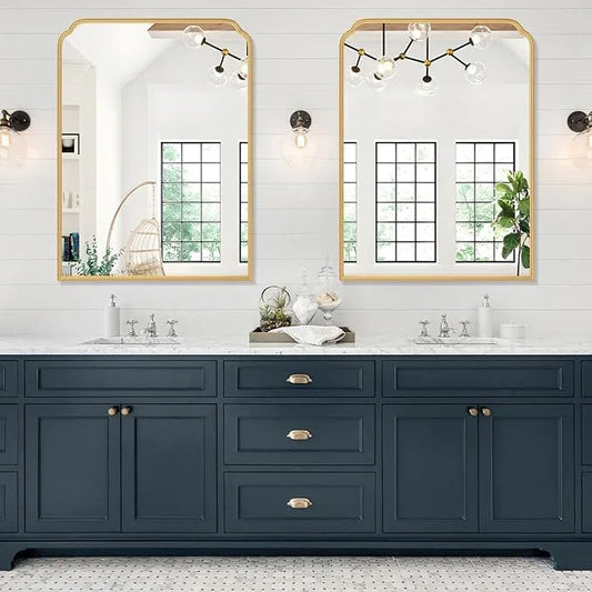 Ferytange 30X40 Inch Gold Bathroom Mirror for Vanity, Modern Rounded Corner Large Wall Mirror for Over Sink with Non-Rusting Iron Metal Framed (Tempered Glass) - ModernBath